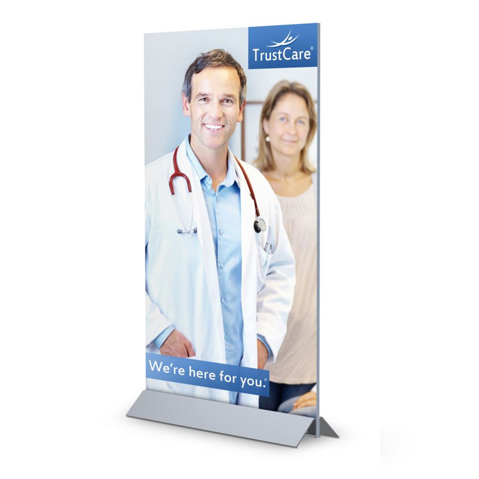 Testrite MighteeMounts 36 inch wide display with Trustcare doctors graphic
