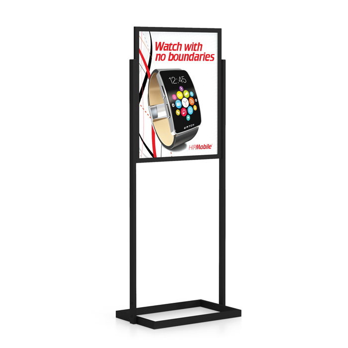 black Testrite Poster Signholder two-sided free-standing display with smart watch graphic
