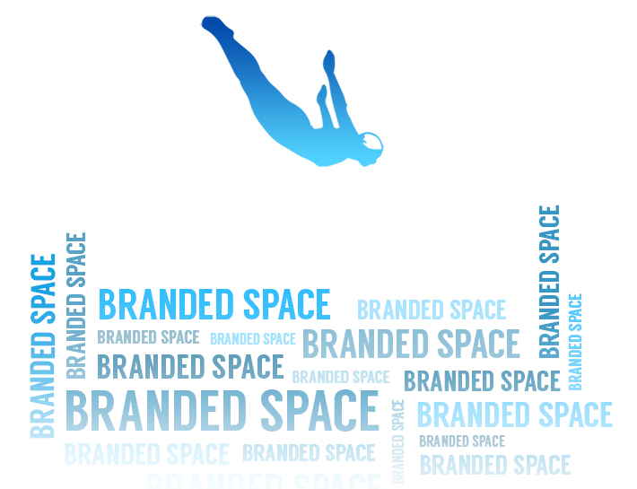 blue person diving into branded space word cloud