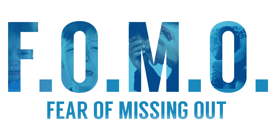 F.O.M.O. Fear of Missing Out blue letters with images of upset people