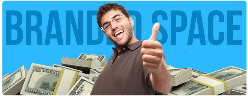 smiling thumbs-up guy in front of piles of cash and branded space