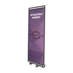 illustration of a retractable banner display with purple graphic